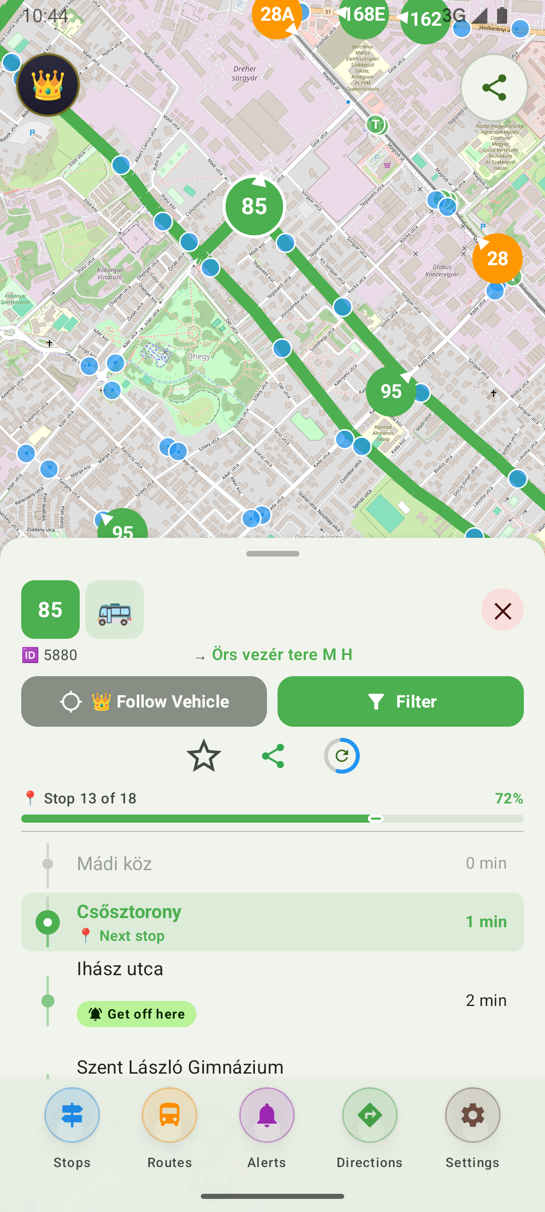 Leidaro real-time transit app showing live vehicle map