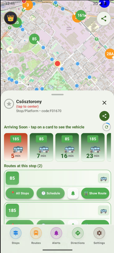 Leidaro bus arrival times screen showing next buses with live countdown