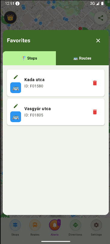 Leidaro favourites screen showing saved bus stops with live arrival times