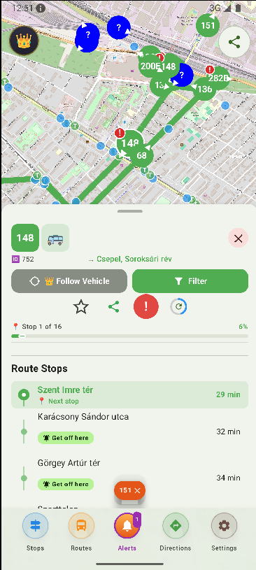 Leidaro vehicle tracking screen showing a bus route with stops