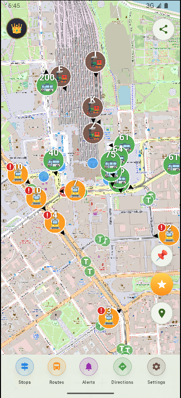 Leidaro live transit map showing buses, trams and metro moving in real time